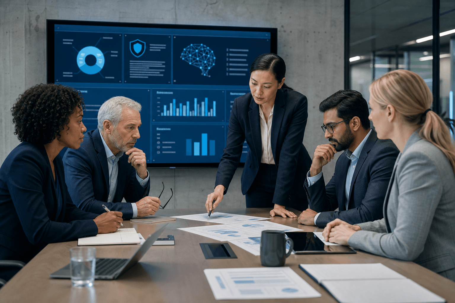 Leaders reviewing governance and responsible AI controls in a working session